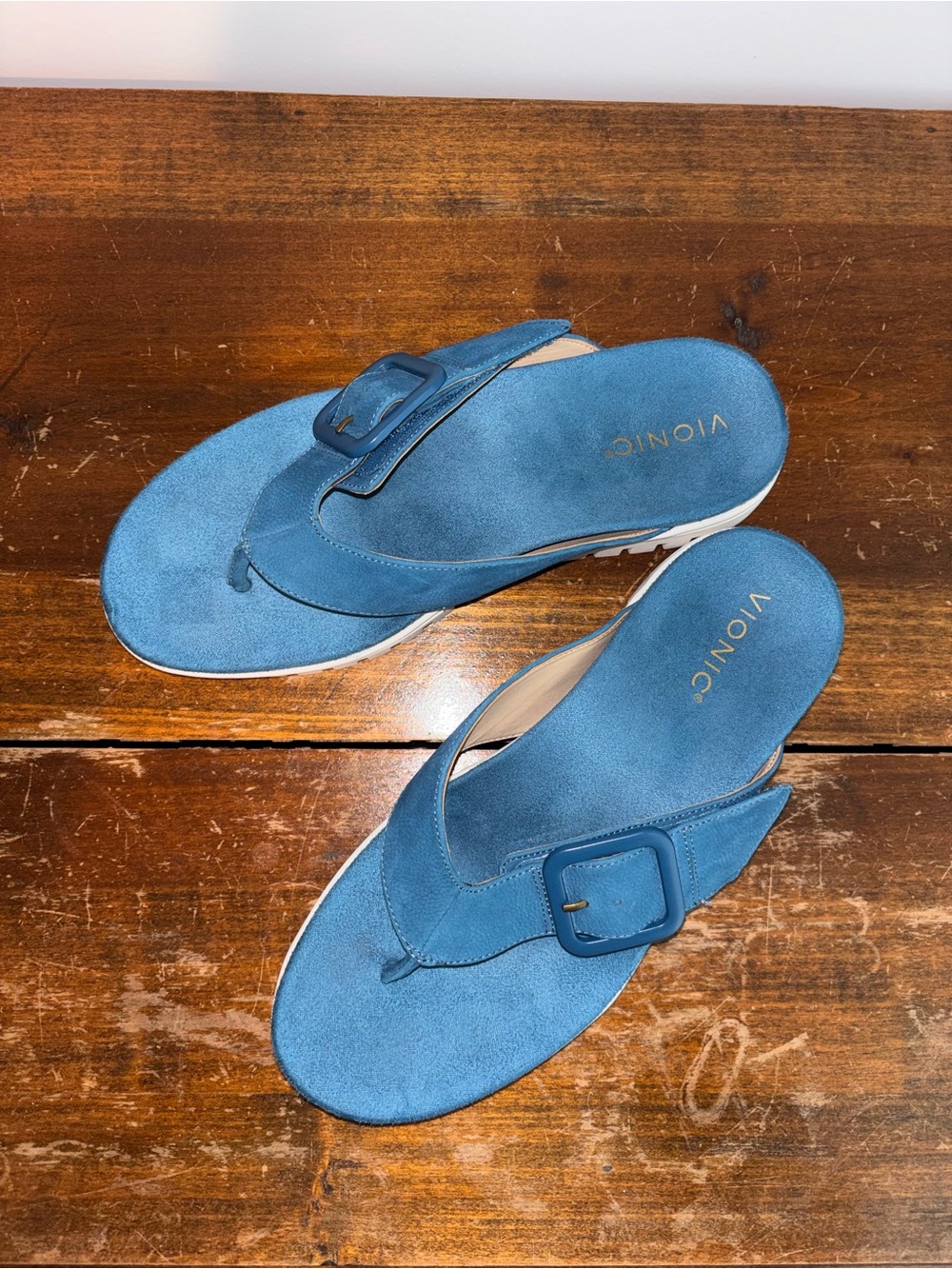 Vionic Blue Suede Buckle Thong Sandals